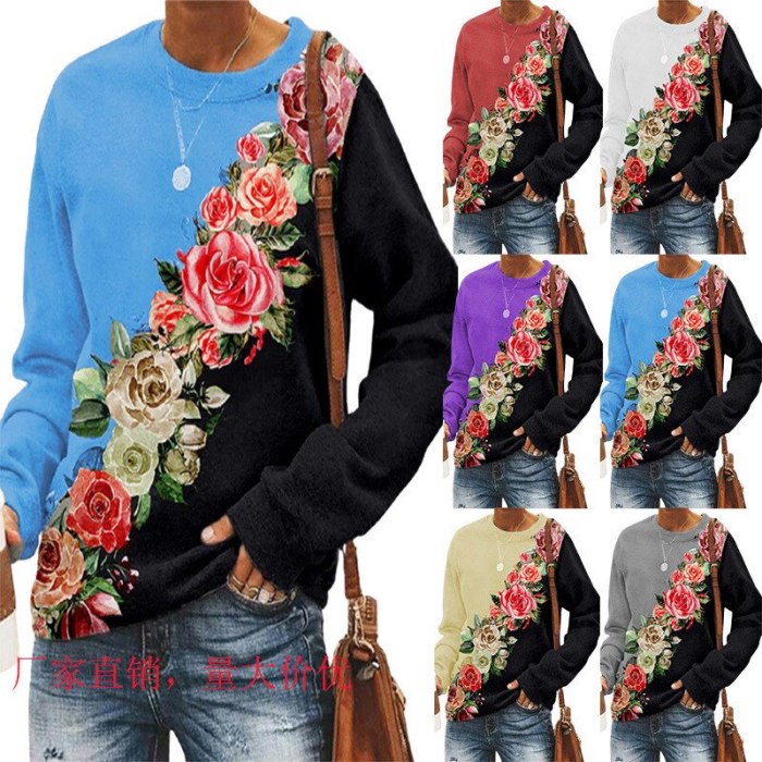 Autumn Winter O Neck Long Sleeve Women's T Shirt Fahsion Bohemia Rose Flower Print Cotton Ladies Pullover Tops Plus Size