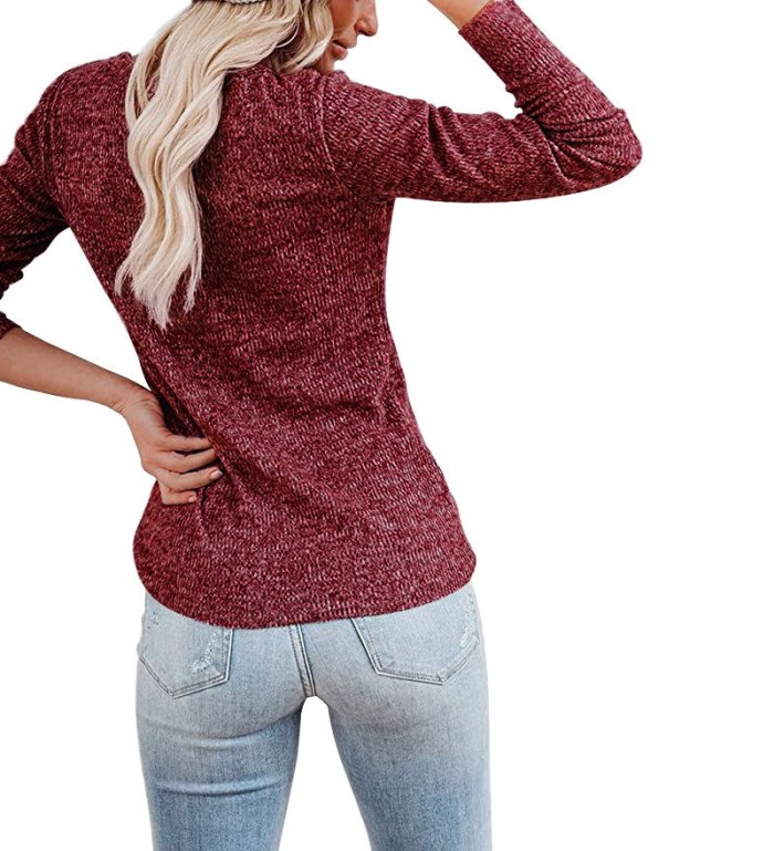 Autumn New Women's T-shirt Chest Button Casual Long-sleeved T-shirt Round Neck Pullover Solid Color All-match Ladies' Tops