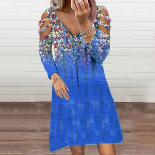 New products 2021 early autumn casual women's dress small floral V-neck zipper off-shoulder long-sleeved dress