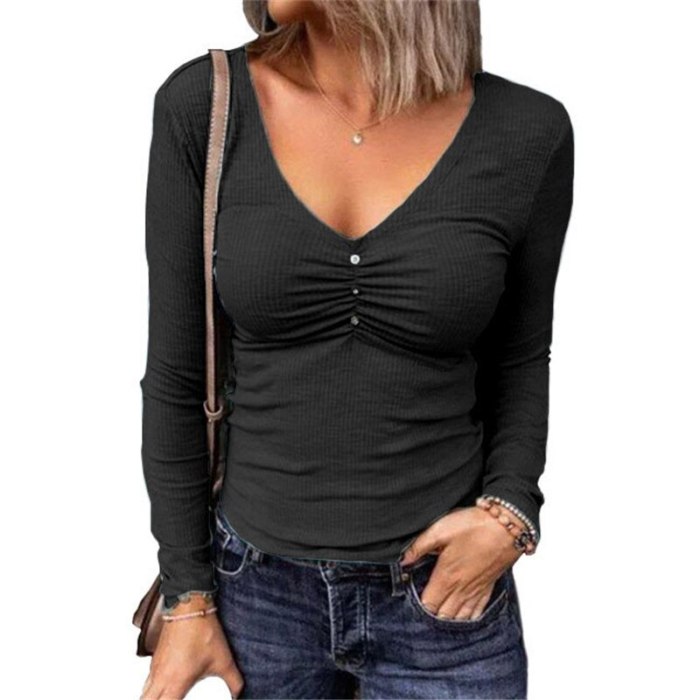 2021 Autumn And Winter New Pit Bar Solid Color Fashion Leisure Slim Fit V-Neck Long Sleeve Women's T-Shirt Top