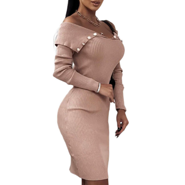 New Fashion Ribbed Knitted Dress Women Sexy Off Shoulder Backless Long Sleeve Party Dress Office Lady Elegant Slit Bodycon Dress