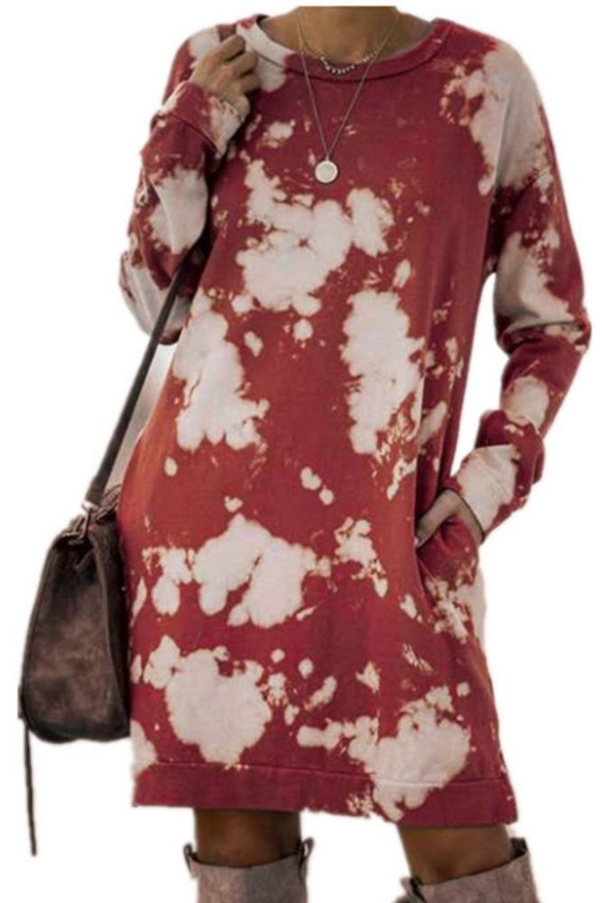 2021 Autumn Winter Woman Tie-dye Printing Gradient Long-sleeved Round Neck Dress Female Fashion Elegant Dresses