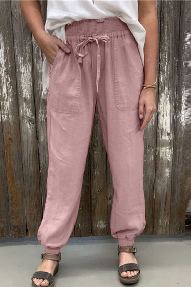2021 Summer Women Pants with Pockets All-match Fashion Women Solid Color Elastic High Waist Casual Beach Long Pants for Beauty