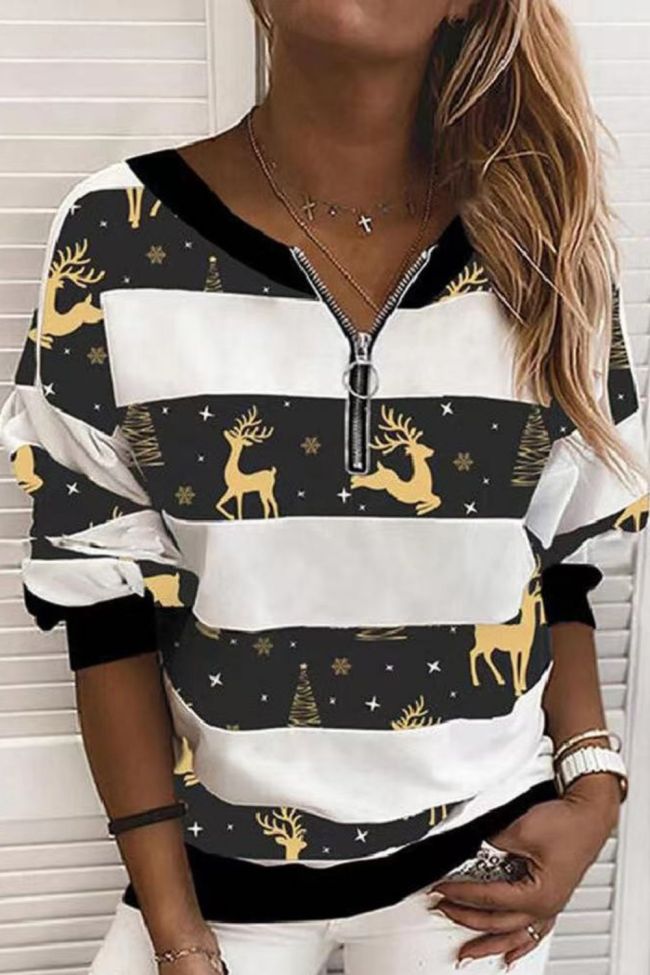 Fashion Womens Sweater Golden Printing Sweatshirt Long Sleeve Round Neck Open Neckline Jumper Tops Blouse