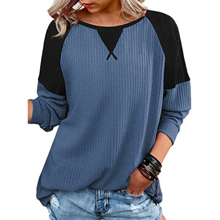 2021 Autumn Long Sleeve T Shirts Women's Fashion Causal Loose O Neck Solid Color Patchwork Shirts Vintage Pullover Plus Size Top