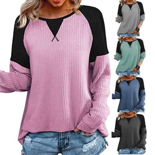 2021 Autumn Long Sleeve T Shirts Women's Fashion Causal Loose O Neck Solid Color Patchwork Shirts Vintage Pullover Plus Size Top