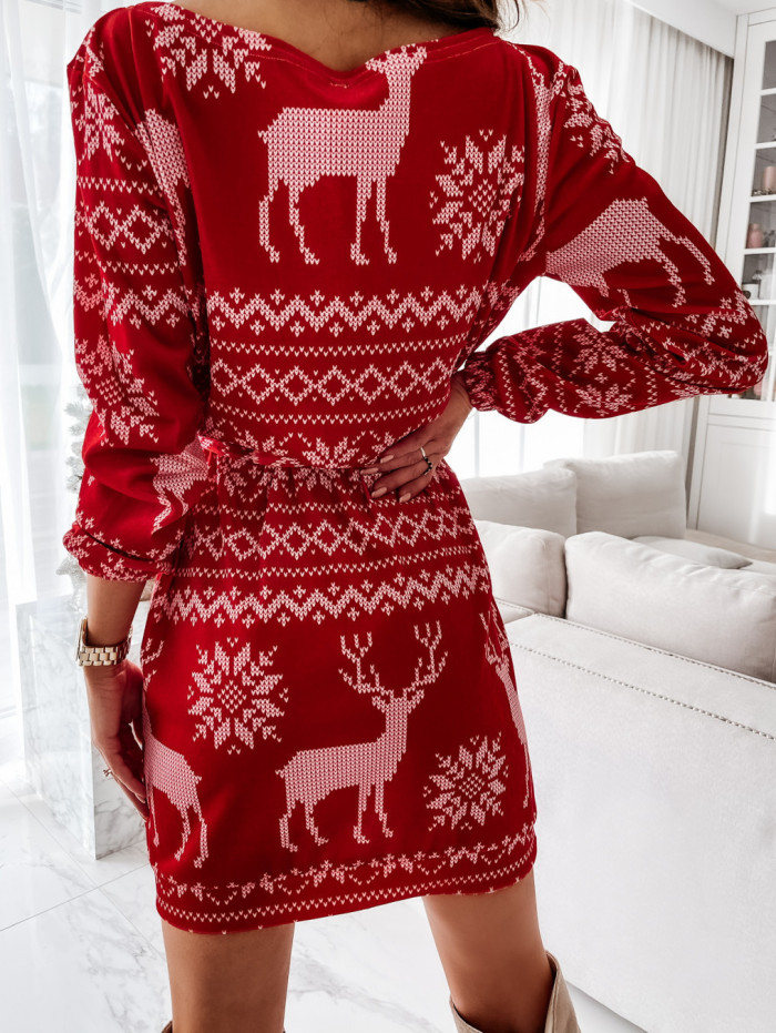 Christmas Snowflake Elk Print Dress Women 2021 Spring Elegant Puff Shoulder Long Sleeve Dresses Lady Fashion Casual Slim Mujers