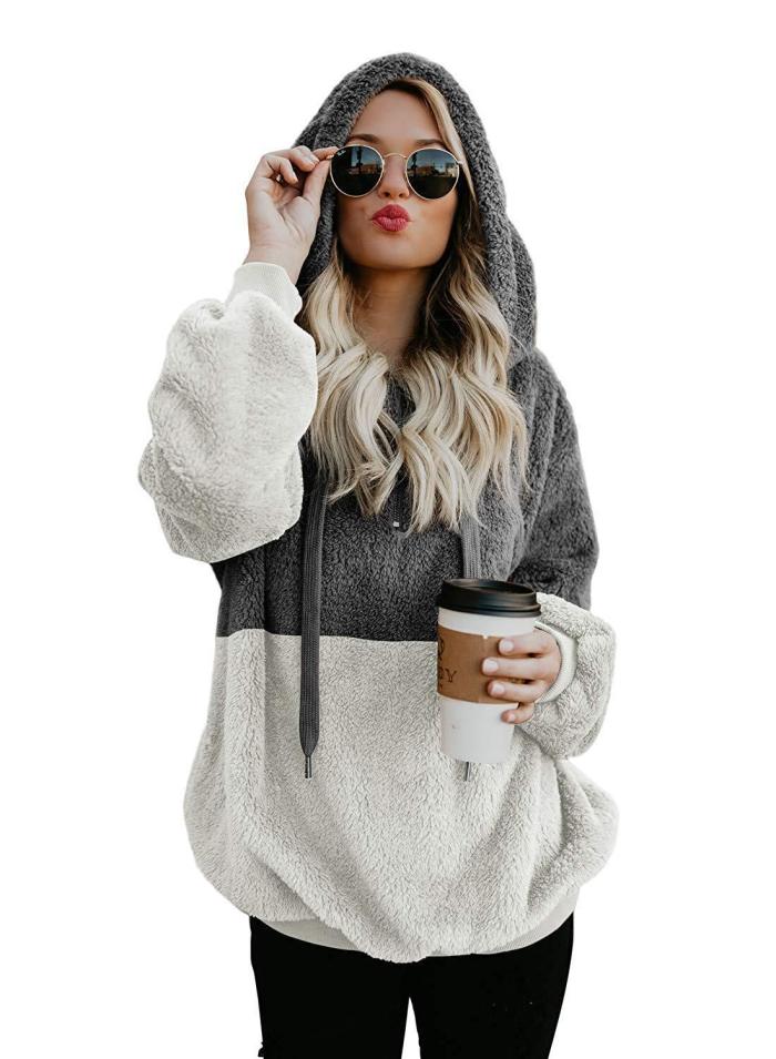 Fashion Plus Size Women Plush Hooded Sweatshirt Patchwork Long-Sleeved Causal hooded Sweatshirt For Female Clothing