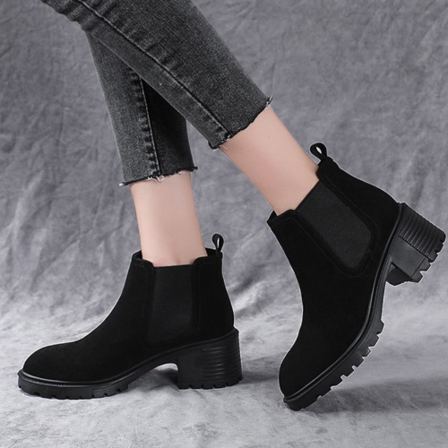 Women Spring Ankle Zipper Chunky Heel Suede Boots