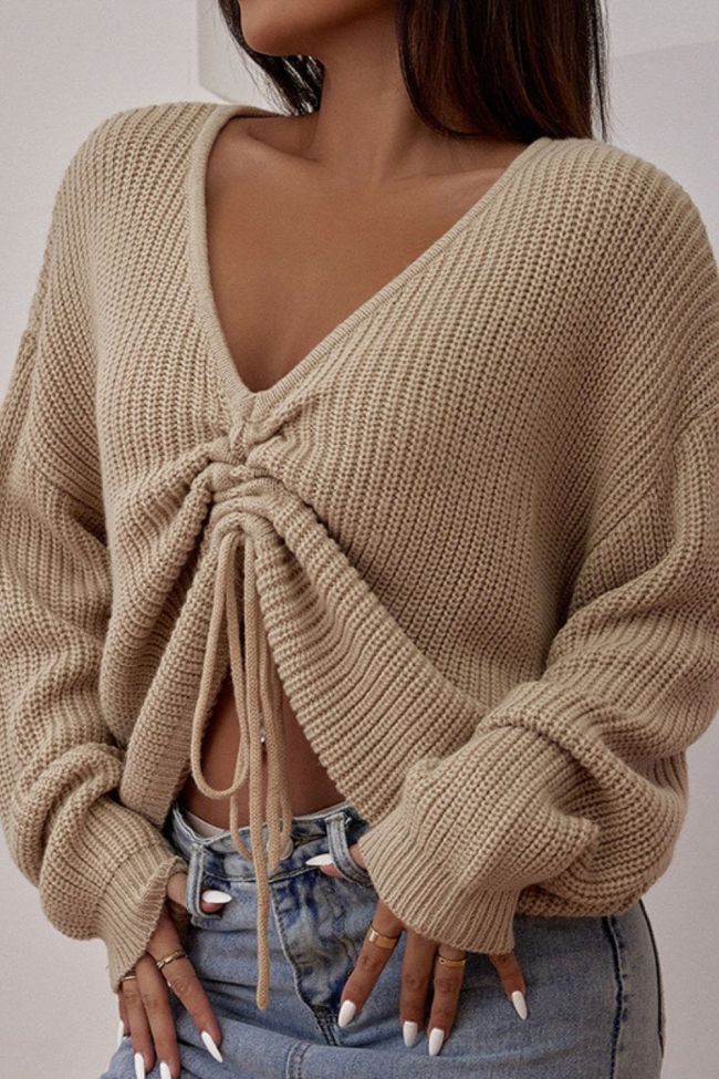 Autumn Sweater Knit 2021 Women Fashion Long Sleeve V Neck Drawstring Sweater Slim Pullover Pull Femme Green White Oversized