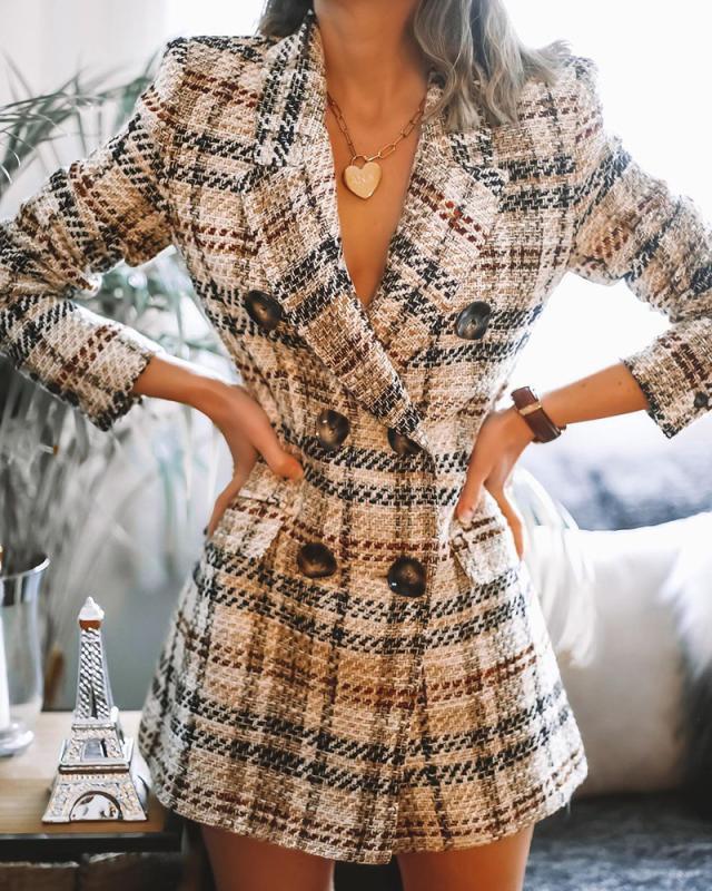 British Style Women Plaid Tweed Jacket Coat With Pockets Fashion Office Ladies Double Breasted Tops Casual Outwear