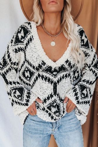Fashion Women Spring Autumn Sweaters Color Matching Patchwork Design Tassel Decor V-Neck Long Sleeve Casual Loose Knitted Top