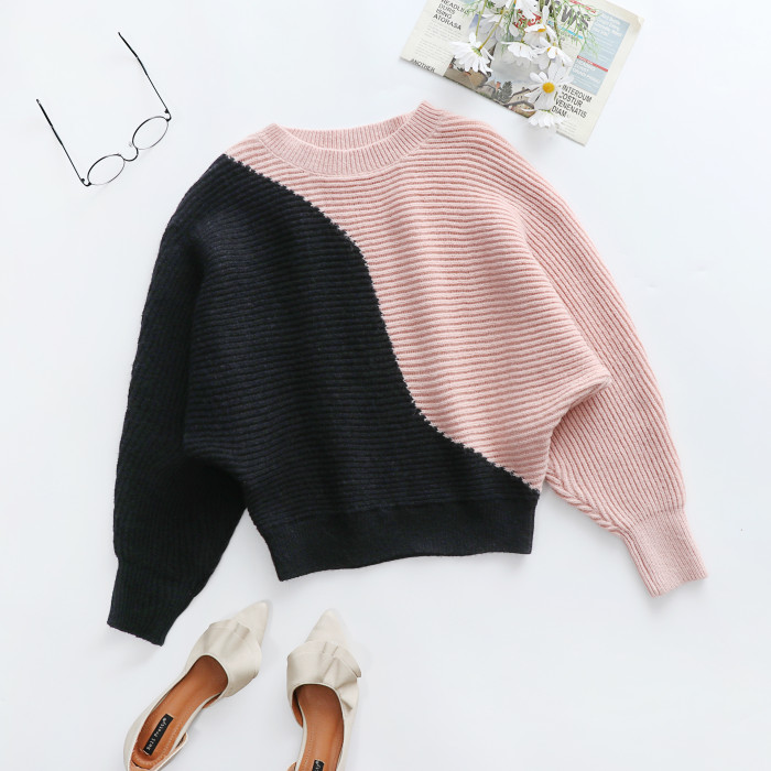 Fashion Autumn Batwing Sleeve Splicing Color Knitted Sweaters
