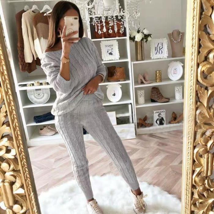 Knitted suit female Sweater And  pants Two Piece Set Women Crop Tops pant 2 Piece Sets Womens Outfits tracksuit women