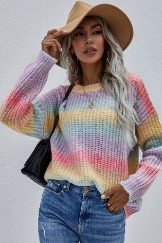 Tiedye Knit Long Sleeve Sweater Jumpers Women Casual O-neck Rainbow Sweater Pullovers 2021 Fashion Autumn Winter Sweet Sweater