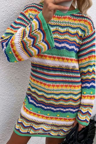Elegant Multi Color Crochet Knitted Mini Dress Women Summer Long Sleeve Hollow Out Festival Holiday Dress Fashion Vestido