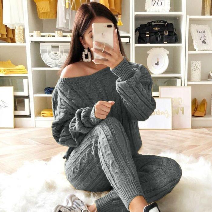 Knitted suit female Sweater And  pants Two Piece Set Women Crop Tops pant 2 Piece Sets Womens Outfits tracksuit women