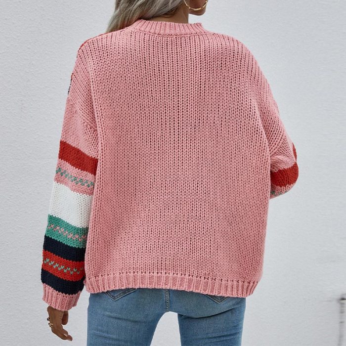 Women's Knitted O-neck Long Sleeve Sweaters 2021 Autumn Winter Drop Shoulder Panelled Pullovers Female Loose Fashion Jersey