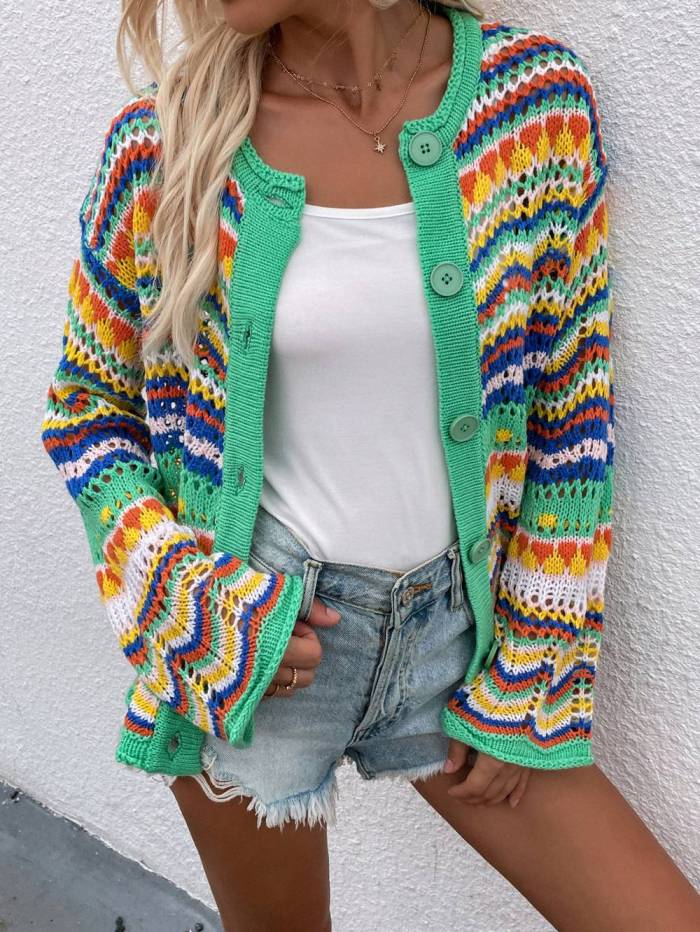 Elegant Rainbow Colored Hollow Out  Cardigan