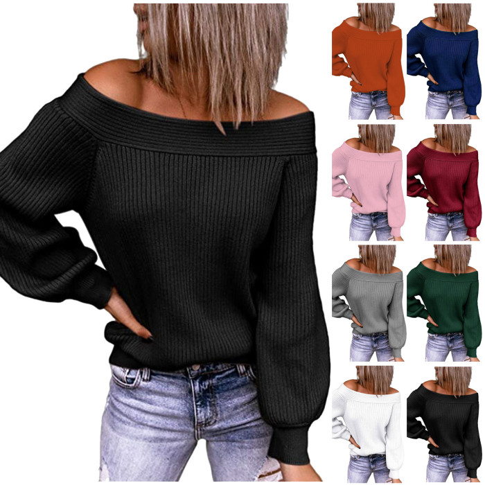 Off Shoulder Women's Sweater Fashion Loose Solid Color Pullover Slash Neck Blouse Winter Knitted Sweater Ladies tops