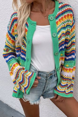 Aproms Elegant Rainbow Colored Long Sleeve Knit Cardigan Women Autumn Hollow Out Oversized Sweater Female Fashion Outerwear 2021