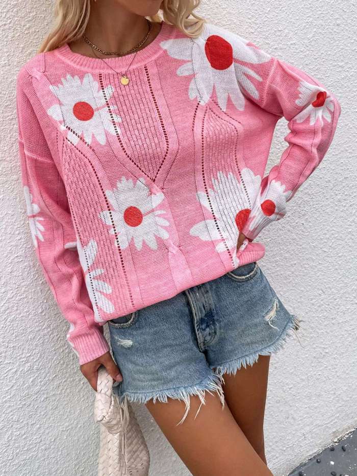 Aproms Elegant White Flowers Knitted Oversized Sweater Women 2021 Autumn Long Sleeve Hollow Out Pollovers Female Pink Jumper Top