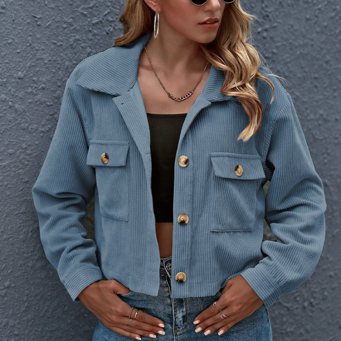 2021 Fashion Turn-Down Collar Single-breasted Coats Autumn Winter Solid Women Short Jacket Warm Corduroy Lady Casual Outwears