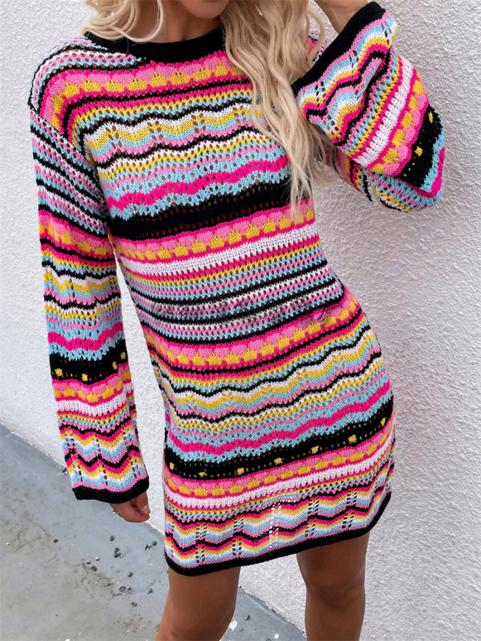 Elegant Multi Color Crochet Knitted Mini Dress Women Summer Long Sleeve Hollow Out Festival Holiday Dress Fashion Vestido