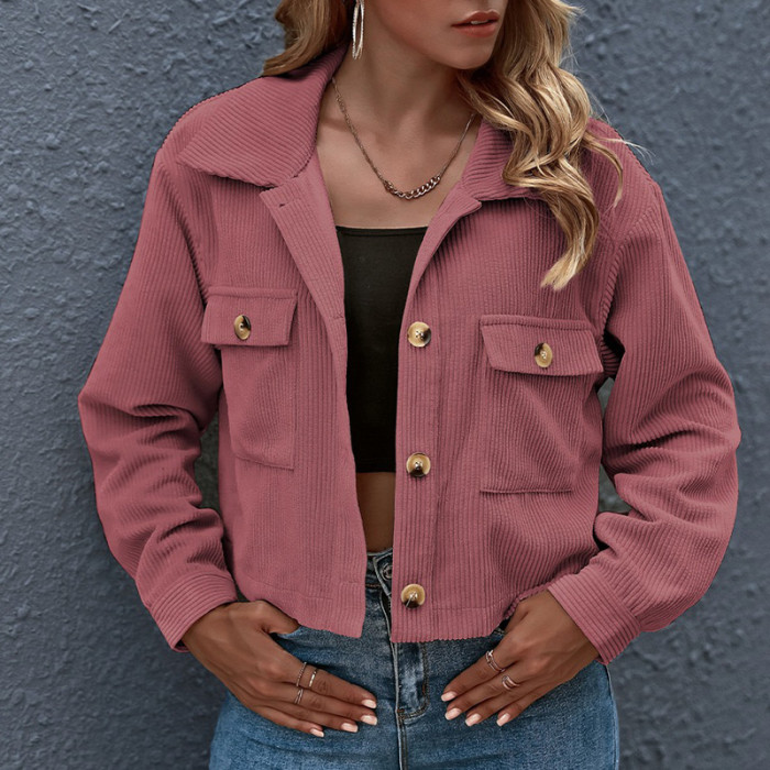 2021 Fashion Turn-Down Collar Single-breasted Coats Autumn Winter Solid Women Short Jacket Warm Corduroy Lady Casual Outwears