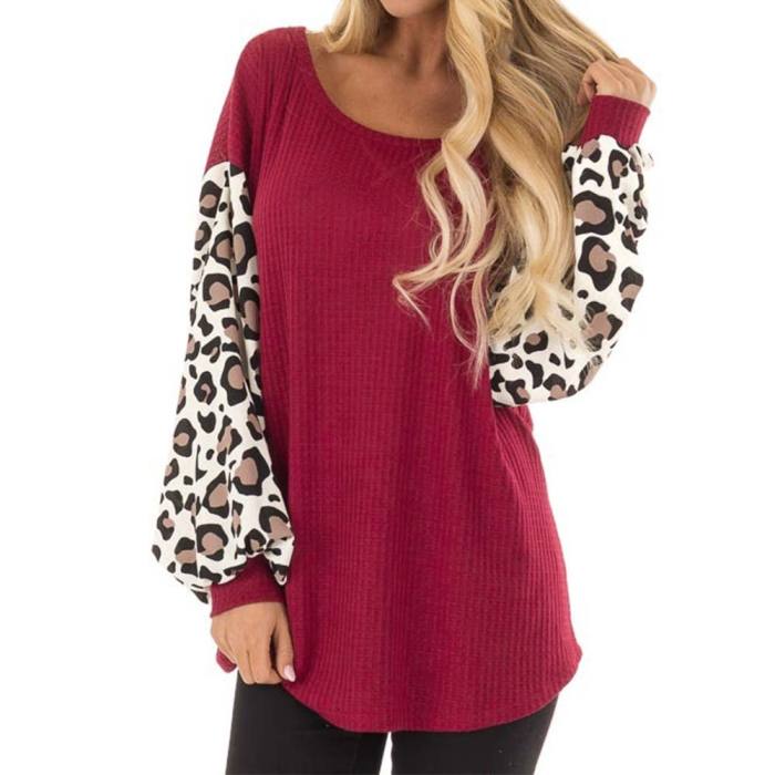 Autumn Leopard Pattern Stitching Long Sleeve Printed Large Size Loose Sweater for Women's Fashion Round Neck Red Top