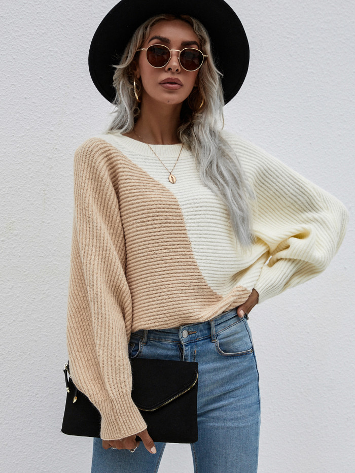 Fashion Autumn Batwing Sleeve Splicing Color Knitted Sweaters O-Neck Tops Loose Cardigan Women's Sweater 2021