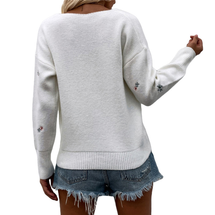 Women’s Casual Long Sleeve Sweater Fashion Embroidery V-neck Loose Pullover Knitwear For Fall Winter White/Black/Green/Apricot
