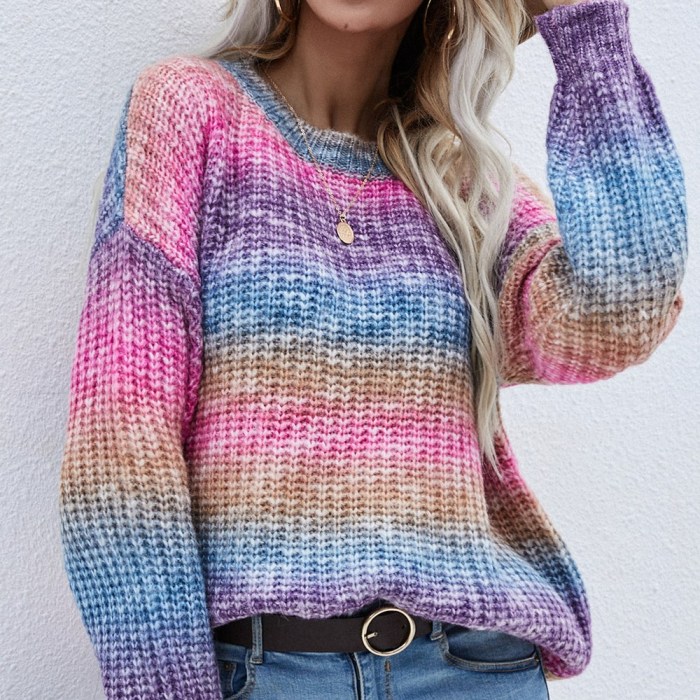 Women Casual O-neck Rainbow Sweater