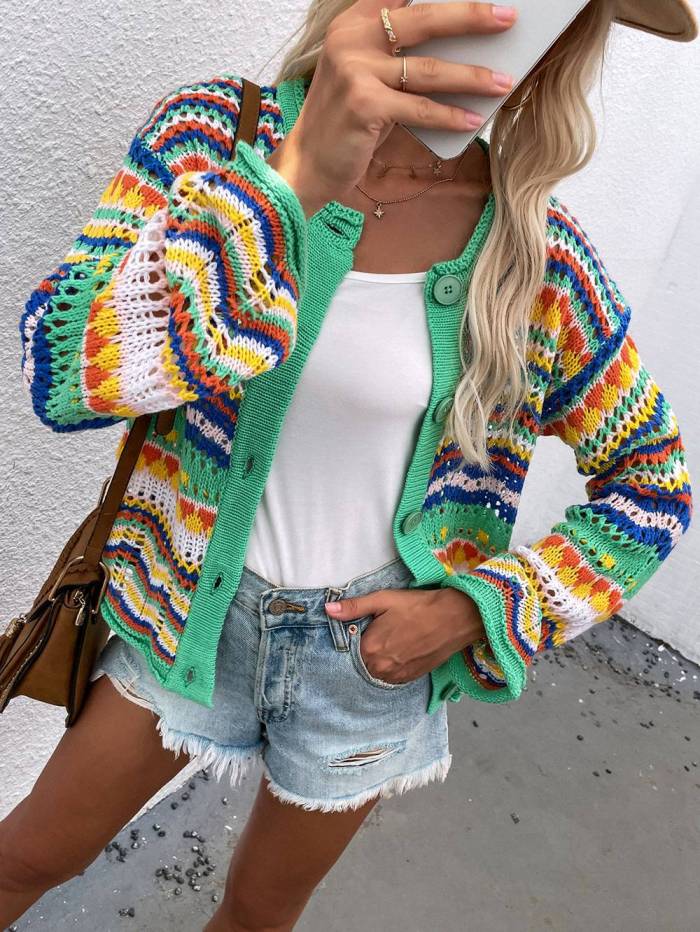 Elegant Rainbow Colored Hollow Out  Cardigan