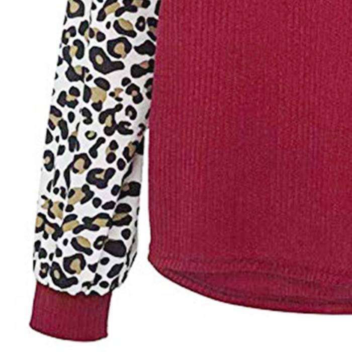 Autumn Leopard Pattern Stitching Long Sleeve Printed Large Size Loose Sweater for Women's Fashion Round Neck Red Top