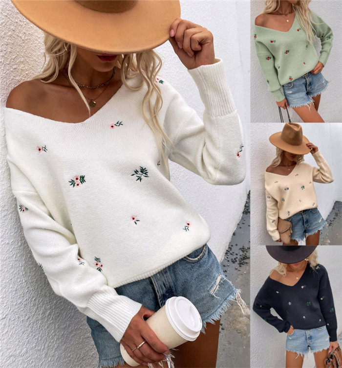 Women’s Casual Long Sleeve Sweater Fashion Embroidery V-neck Loose Pullover Knitwear For Fall Winter White/Black/Green/Apricot