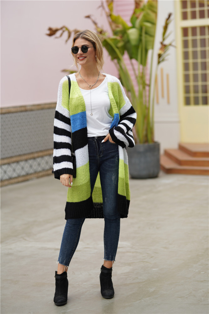 2021 Autumn and Winter New Rainbow Contrast Color Striped Sweater Women's Long-sleeved Jacket Cardigan Sweater Women