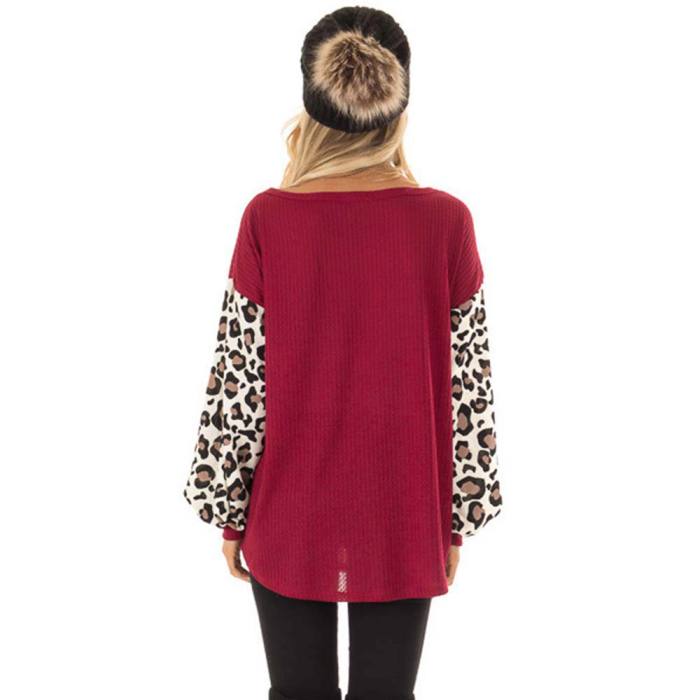 Autumn Leopard Pattern Stitching Long Sleeve Printed Tops