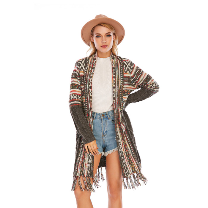 Women's Colorful Boho Sweater Black Color Knitted Open Front Autumn Spring Cardigan With Fringe Tassel And Pockets