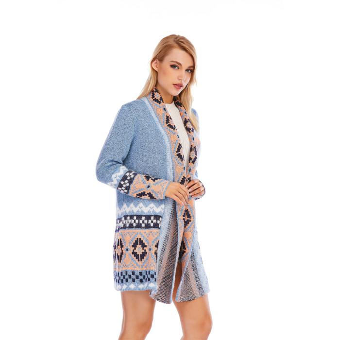 Women's Colorful Boho Sweater Blue Color Knitted Open Front Spring Autumn Cardigan With Fringe Tassel And Pockets
