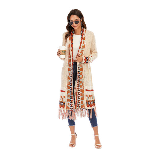 2021 Autumn Lady Long Sleeve Cardigan Thick Tassel Maxi Open Stitch Knitted Coat Retro Casual Sweaters Bohe Sweater For Women