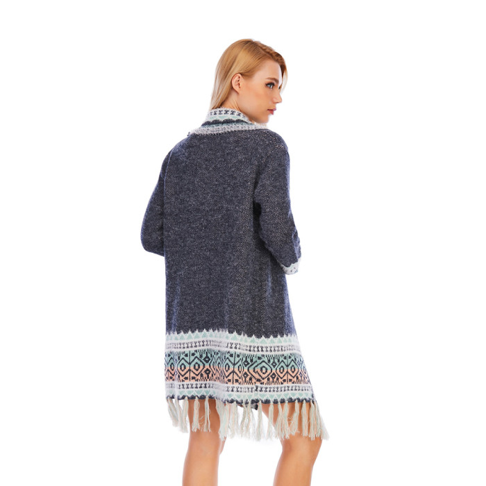 Women's Colorful Boho Sweater Blue Grey Color Knitted Open Front Autumn Spring Cardigan With Fringe Tassel And Pockets