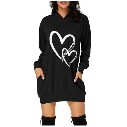 Casual Hoodie Dress Ladies Double Love Printed Hooded Buttocks Pocket Fashion And Comfortable Dress Mini Dress Vestidos