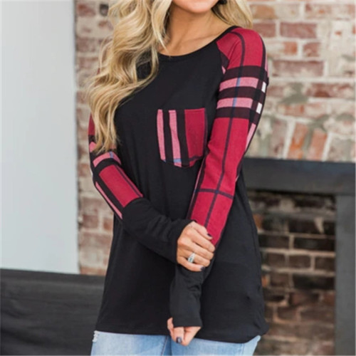 Women Casual Autumn Long Sleeve T-shirt Multi Panel Plaid Sleeves Female Fashion Daily Streetwear Ladies Pullover O-Neck Tee Top