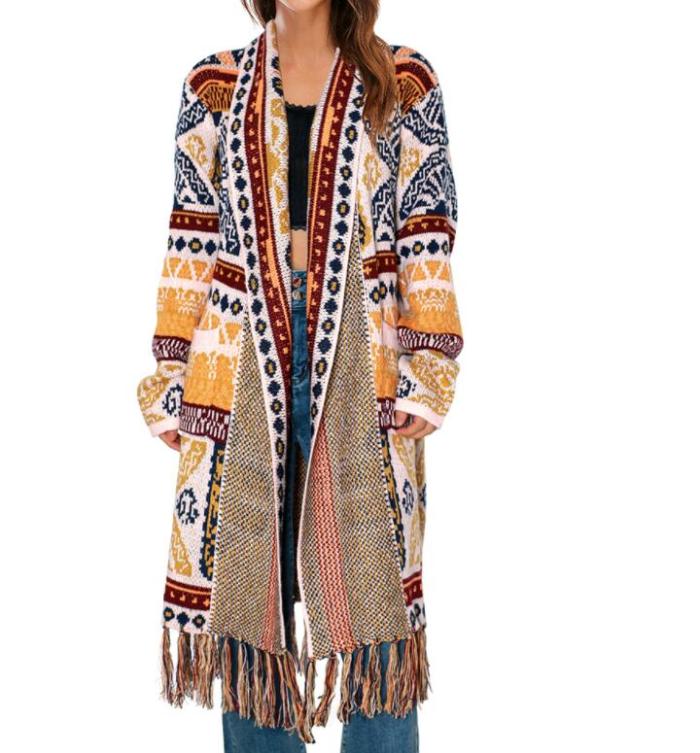 European and American Spring and Autumn Women's New Retro Tassel Cardigan Jacket Loose Long-sleeved Bohemian Knitted Sweater