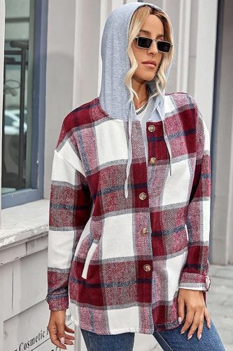 Fashion Women Plaid Hooded Drawstring Loose Casual Jackets