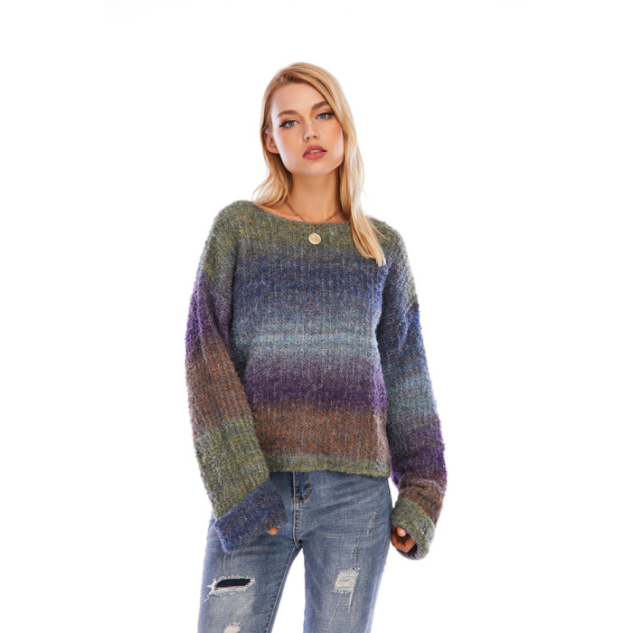 Rainbow Color Striped  Loose Causal  Long Sleeve O-Neck Breathable Pullover Sweater Soft Female Knit Jumpers for Spring