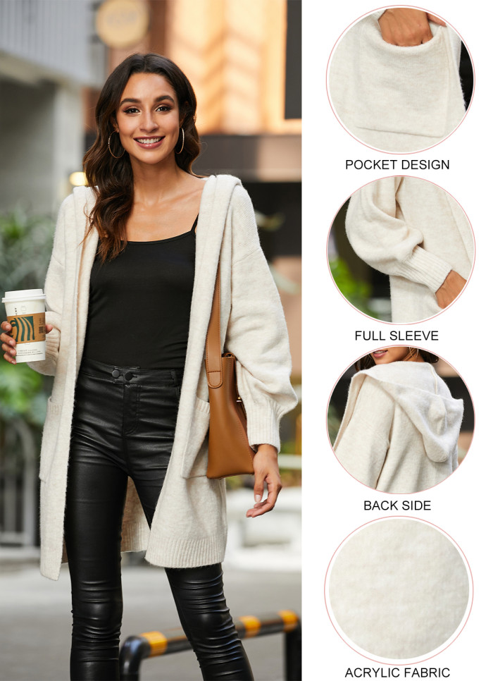 Women Stylish Knit Cardigan Autumn Spring Solid Color V-Neck Long Sleeve Casual Ladies Sweaters With Pockets and Hoodie