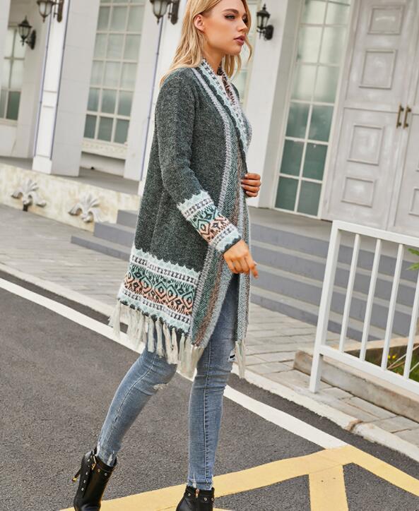 Women's Colorful Boho Sweater Blue Grey Color Knitted Open Front Autumn Spring Cardigan With Fringe Tassel And Pockets