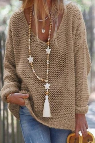 Autumn Women Patchwork V-neck Knit Tops